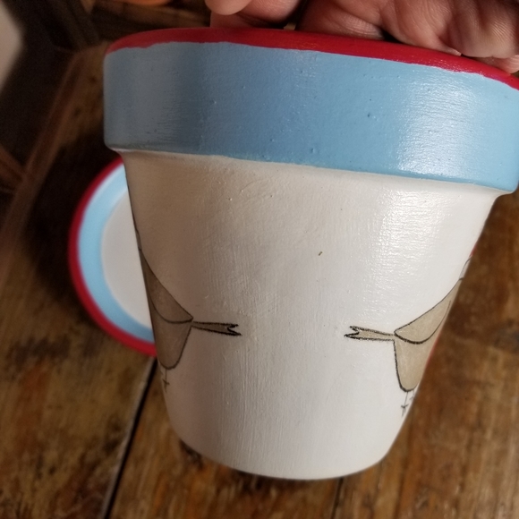 Hand Painted Decoupaged Red, White & Light Blue 6" Flower Pot, Matching Saucer - Picture 7 of 7